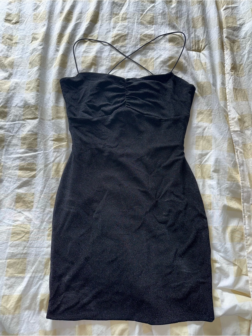 Black Spaghetti-Strap Mini Dress with Ruched Bust